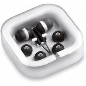 A pair of black and white earphones in a clear protective case, with additional earbud tips included.