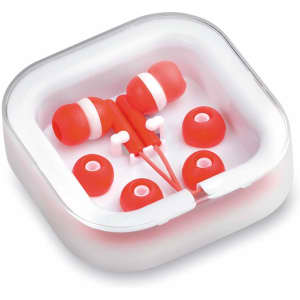 Red Cort Earphones with multiple earbud sizes in a clear, square case. The product has a logo on the case.