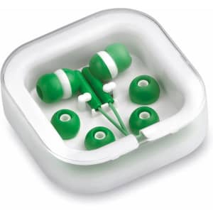 Green Cort Earphones displayed in a clear case, with additional earbud tips in matching colours.