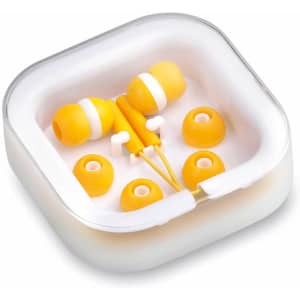 Yellow Cort Earphones with multiple earbud sizes, housed in a clear, square protective case.