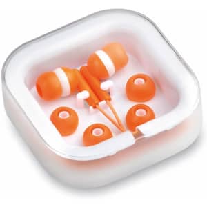 Bright orange earphones displayed in a clear storage case, accompanied by multiple ear tips in various sizes.