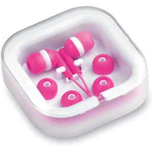 Pink Cort Earphones in a clear case, featuring interchangeable ear tips for a customised fit.
