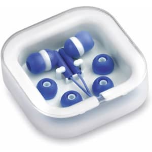 Blue Cort Earphones displayed in a clear case, accompanied by additional earbud tips in various sizes.