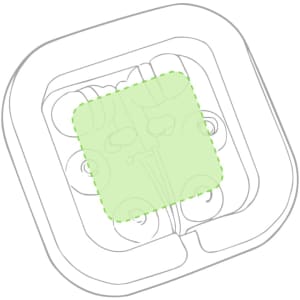 A pair of white Cort earphones sits inside a square charging case with a subtle green outline.
