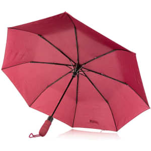 A red umbrella with a black handle and a logo, displayed in an open position.