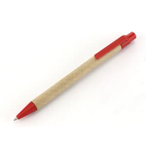 A red pen with a natural kraft paper body and a clip for easy attachment.