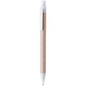 A pen with a brown paper barrel and white accents, featuring a clip and a metal tip. It has a logo on the barrel.