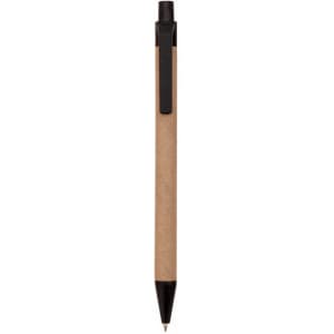 A pen with a brown kraft body and black accents, featuring a clip and a simple design.