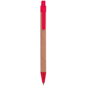 A red pen with a natural kraft barrel and a matching clip, featuring a simple design.