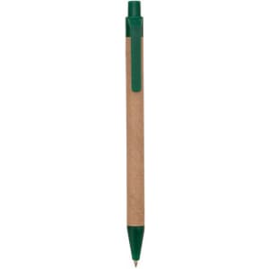 A green and brown pen with a clip, featuring a textured cardboard barrel and a smooth tip for writing.