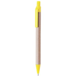 A yellow pen with a brown paper barrel and a clip. The pen features a simple design and has a logo.