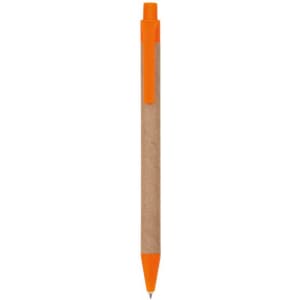 An orange and brown pen with a plastic clip and tip, featuring a simple design and a logo.