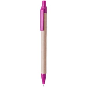 A pink and natural-coloured pen with a sleek design and built-in clip. Includes a branding logo.
