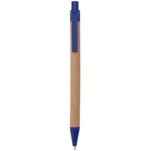 A pen with a blue clip and tip, featuring a brown kraft paper barrel. It has a logo on its surface.