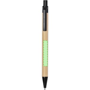 A pen featuring a natural kraft body and black accents, with a green highlight area. It has a logo on its body.