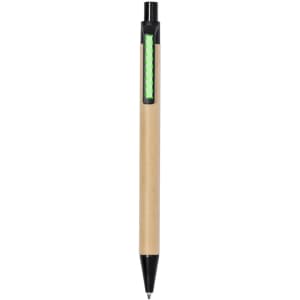 A pen with a natural brown barrel, black accents, and a green patterned grip, featuring a logo.