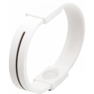 A white silicone wristband with a sleek design, featuring a subtle black line and a branding logo.