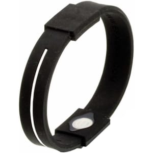 A black energy bracelet featuring a sleek design and a logo, suitable for exhibitions and events.