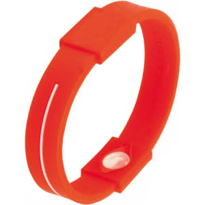 A red silicone wristband featuring a smooth surface and a small rounded element, with a logo.
