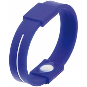 A purple silicone wristband featuring a white stripe and a logo. Ideal for promotional events.
