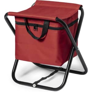 A red chair bag with a zippered top and black handles, featuring a metal frame.