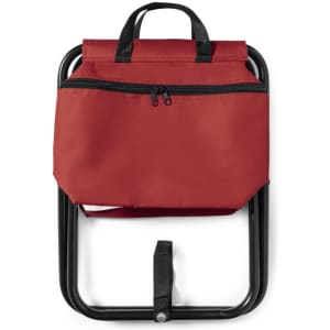 A red chair with a black metal frame and a zippered storage pocket on the back. It features a sturdy handle.