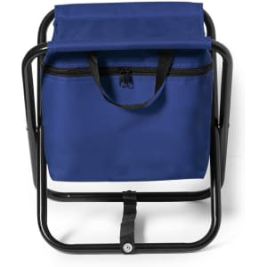 A blue folding chair with a zippered cooler bag attachment and a black frame. The chair features a handle for easy carrying.