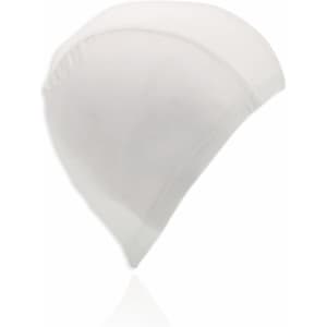 A white swim hat with a fitted design and a smooth finish. It features a logo on the side.