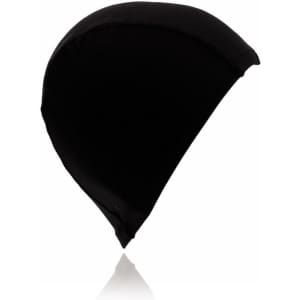 A black swim hat with a smooth, streamlined shape, featuring a logo on the side. Ideal for aquatic activities.