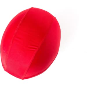 A red swim hat with a smooth, rounded design, featuring a logo. Suitable for water activities.
