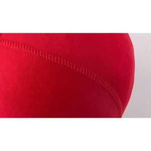 A red swim hat with a smooth finish and stitched detailing, featuring a logo.