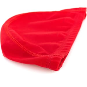 A red swim hat made of soft material, featuring a fitted design and an internal band for comfort.