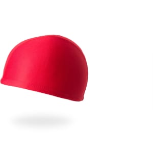 A red swim hat with a smooth texture and a fitted design, featuring a logo. Ideal for water activities.