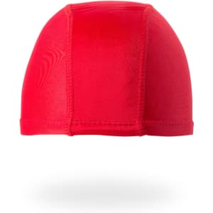 A red swim hat with a fitted design and visible seams, featuring a branding logo.