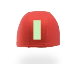 A red swim hat with a green rectangular logo on the back. It features a snug fit design suitable for swimming.
