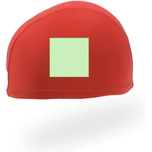 A red swim hat made from soft material, featuring a green square patch. It has a logo on the side.