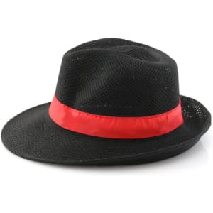 A black hat with a red satin band, featuring a mesh design for breathability.