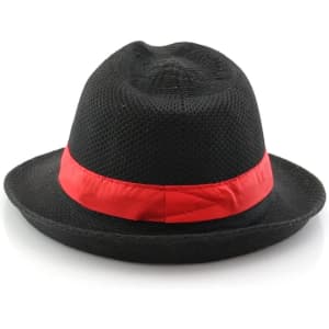 A black hat with a red band, featuring a breathable mesh design. It has a logo on one side.
