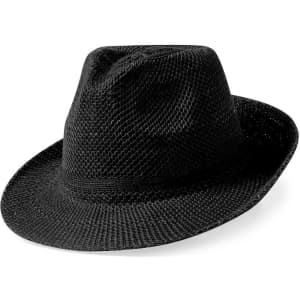 A black mesh hat with a wide brim and a casual design. It features a logo on one side.