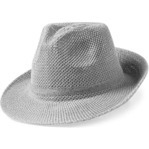 A grey mesh hat with a wide brim and a subtle band, featuring a logo on the side.