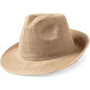 A beige mesh hat with a wide brim and a subtle band, featuring a logo on the side.