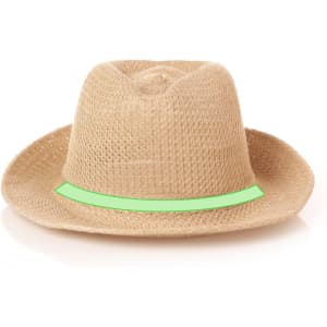 A straw hat with a wide brim and a green accent band, featuring a textured weave pattern.