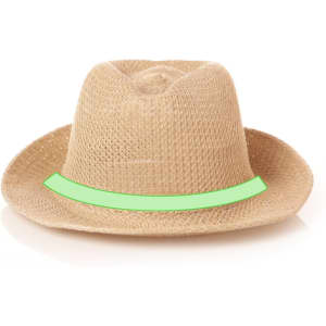 A straw hat in beige with a green band around the brim and a textured design. It features a logo on the side.