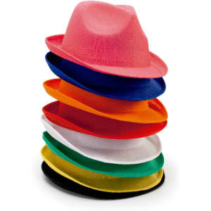 A stack of seven brim and bucket hats in colours including pink, blue, orange, white, green, and black, featuring a logo.