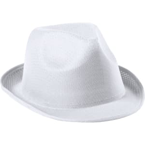 A white brimmed hat with a textured design and a logo positioned on the side.