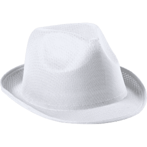 A white brim hat with a unique textured design and a logo on the side.
