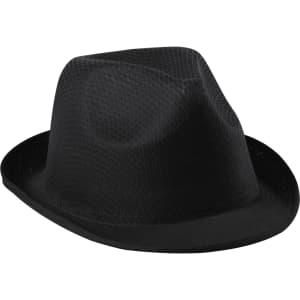 A black brim hat with a textured design. It features a classic fedora shape and has a branding logo.