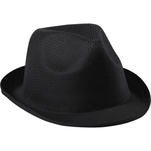 A black hat with a structured design, featuring a wide brim and a smooth texture. It has a logo present.