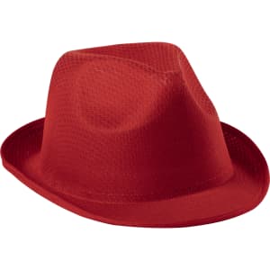 A red brimmed hat made of mesh material, featuring a logo on the side.