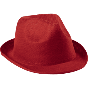 A red brimmed hat with a structured crown and wide brim, featuring a branding logo.